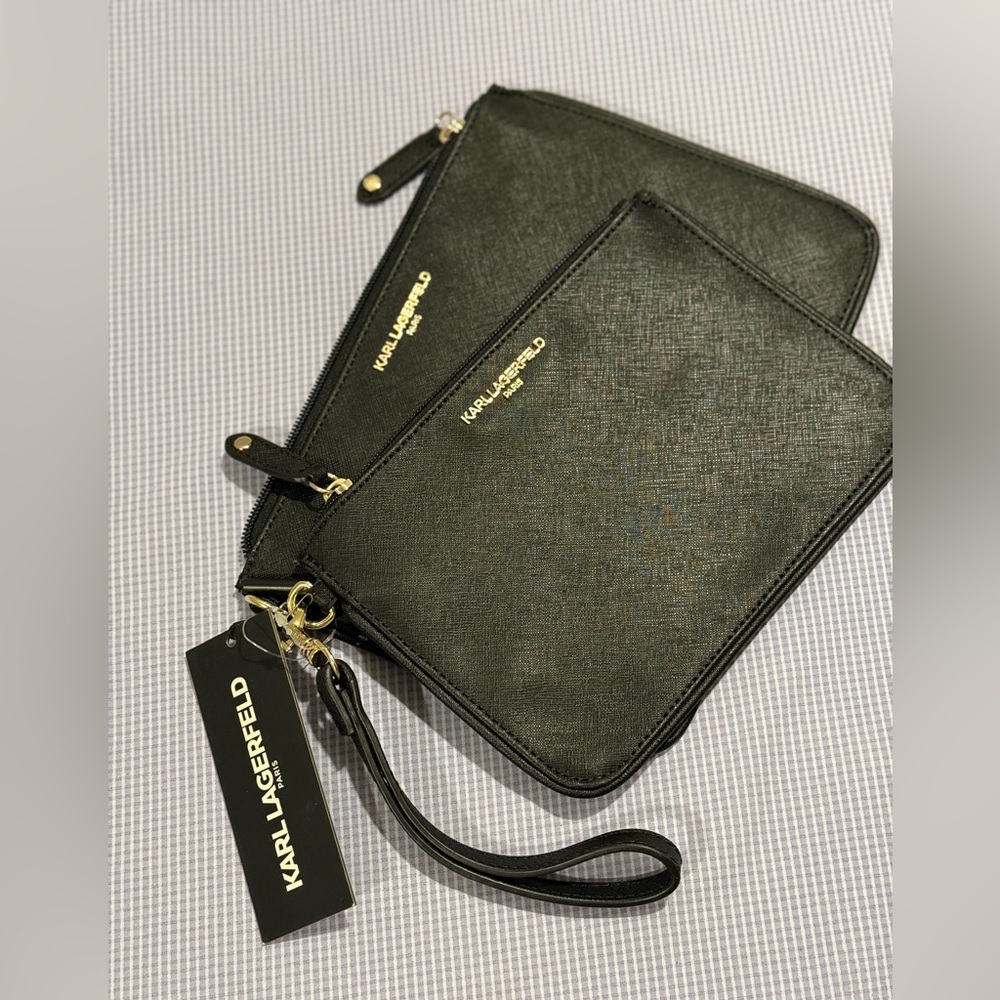 Karl Lagerfeld 2 Wristlet Black Wallet Makeup or Travel New w/ Tags
